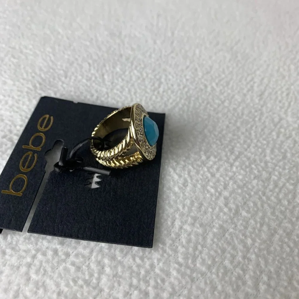 bebe Gold Tone Blue Turquoise Ring Cubic Zirconium Size 7 Fashion Ring